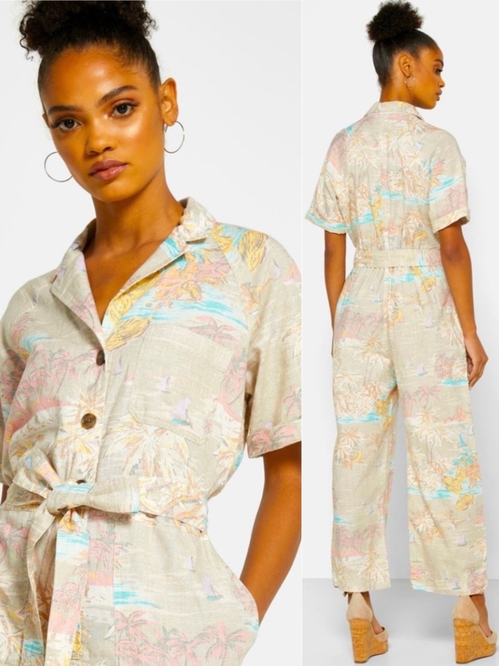 Gap Multicolored Utility Short Sleeve Belted Linen Jumpsuit Size 6